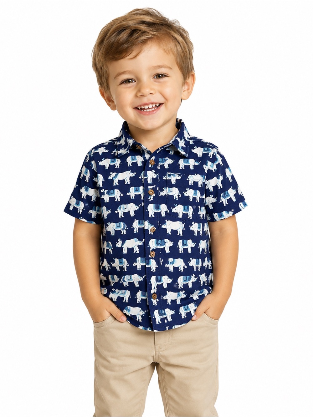 Baby GAP Navy Woven Cotton Button-Down Shirt with White Rhino Print Size 3